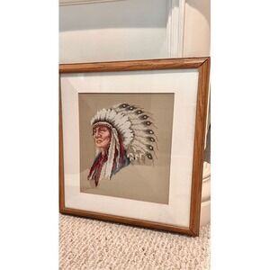 Vintage Hollow Horn Bear Cross Stitch Framed Native American Portrait 1992 15x15